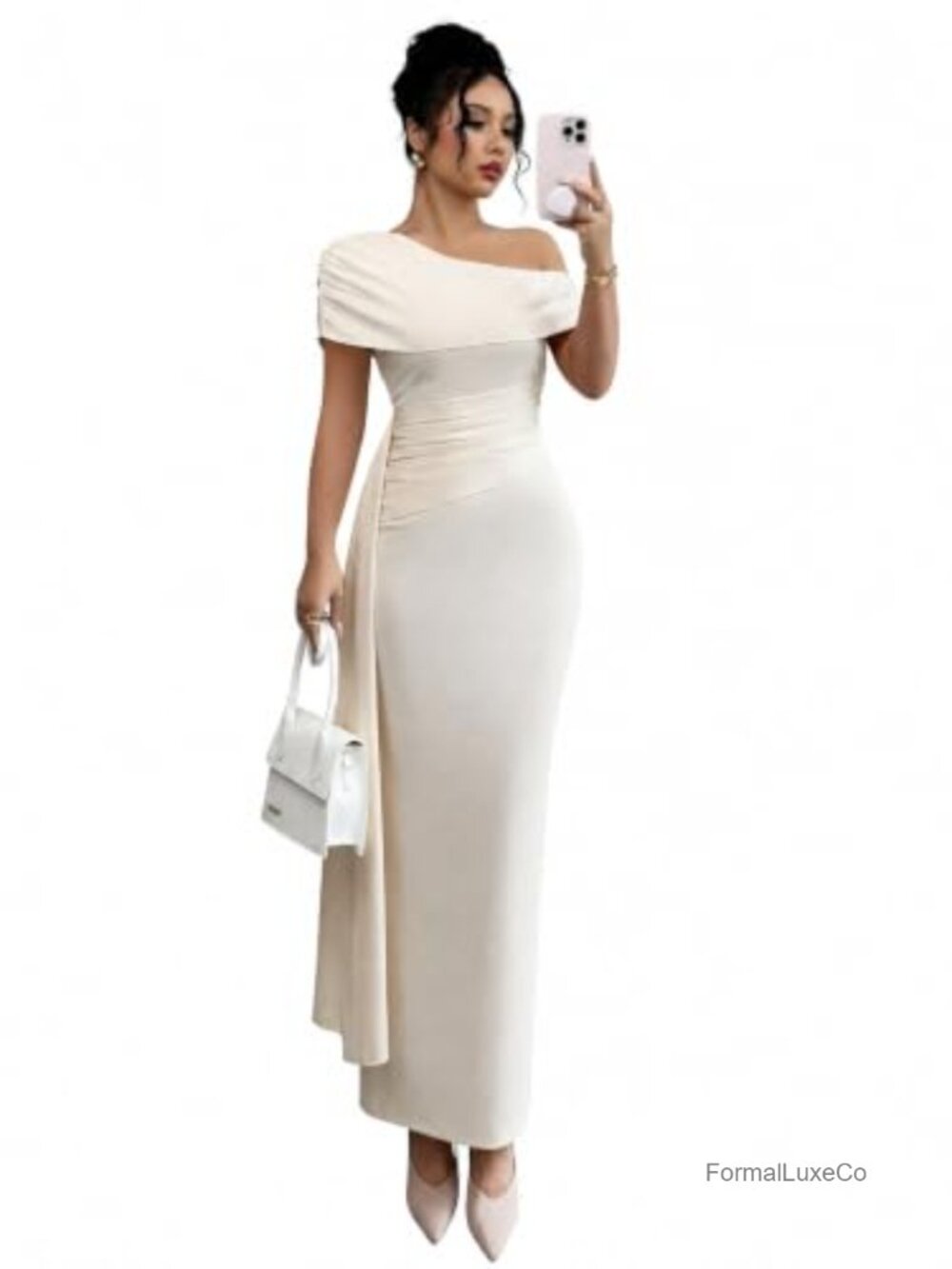 One-Shoulder Slim-Fit Maxi Dress Ruched Formal Wedding Guest Gown